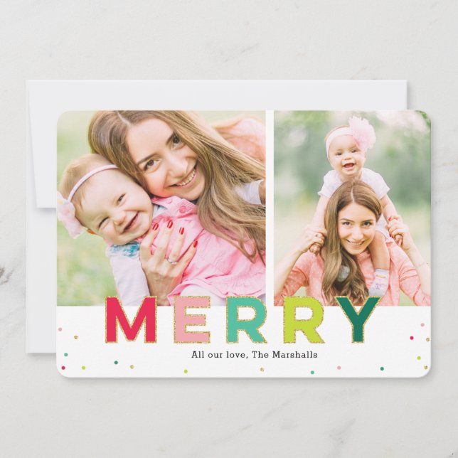 Gleeful Merry 2 Photos Modern Holiday Card (Front)