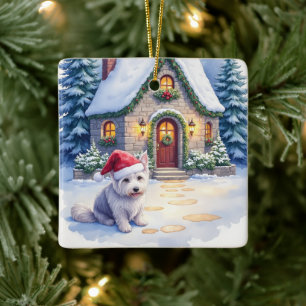 Glen of Imaal Terrier Snowy Cottage Santa Hat Ceramic Ornament