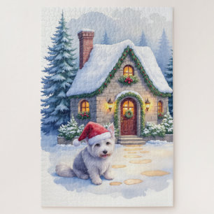 Glen of Imaal Terrier Snowy Cottage Santa Hat Jigsaw Puzzle