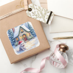 Glen of Imaal Terrier Snowy Cottage Santa Hat Square Sticker
