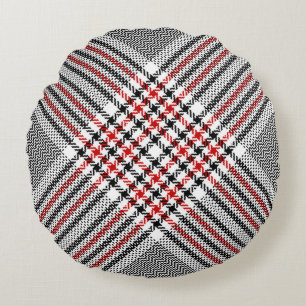 Glen plaid pattern. Black, red, white seamless tar Round Pillow