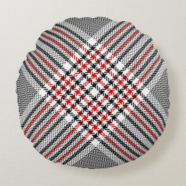 Glen plaid pattern. Black, red, white seamless tar Round Pillow (Front)