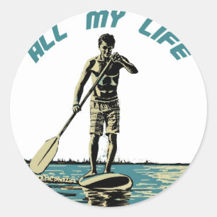 Glide, ride and surf on sup paddle board classic round sticker