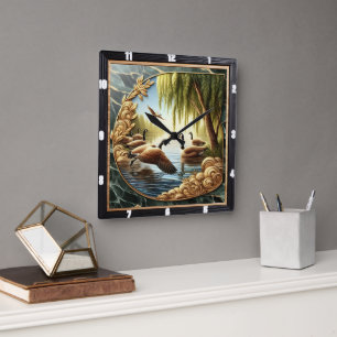 Gliding Geese Rustic River Square Wall Clock