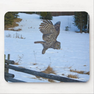Gliding Great Grey Owl and Snow Wildlife Raptor Mouse Pad