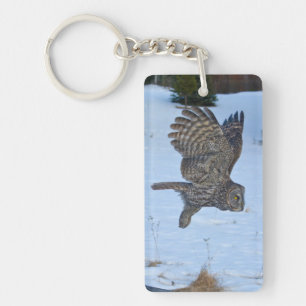 Gliding Great Grey Owl & Snow Wildlife Photo Keychain
