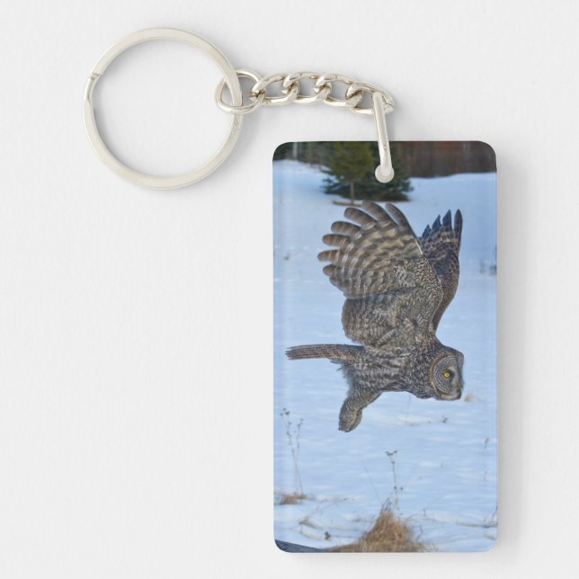 Gliding Great Grey Owl & Snow Wildlife Photo Keychain (Front)