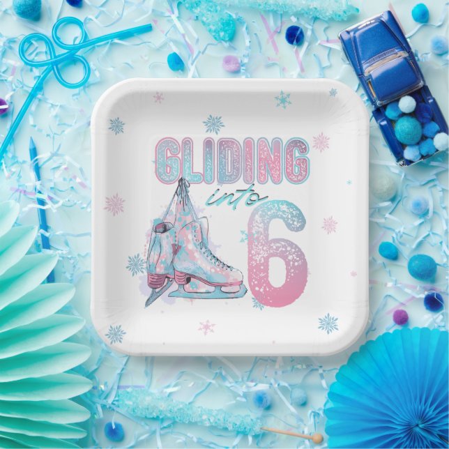"Gliding into" 6th birthday skating party Paper Plate (Party)