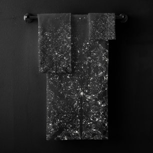 Glimmering Onyx Grunge   Black Silver Glam Damask Bath Towel Set