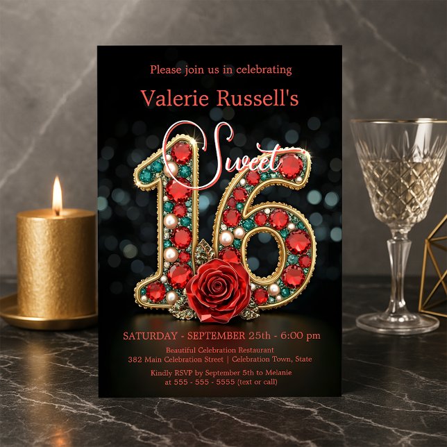 Glimmering Ruby Teal Pearl Gemstone Rose Sweet 16 Invitation (Creator Uploaded)