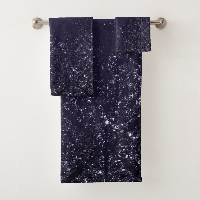 Glimmery Indigo Grunge | Midnight Purple Damask Bath Towel Set (Insitu)