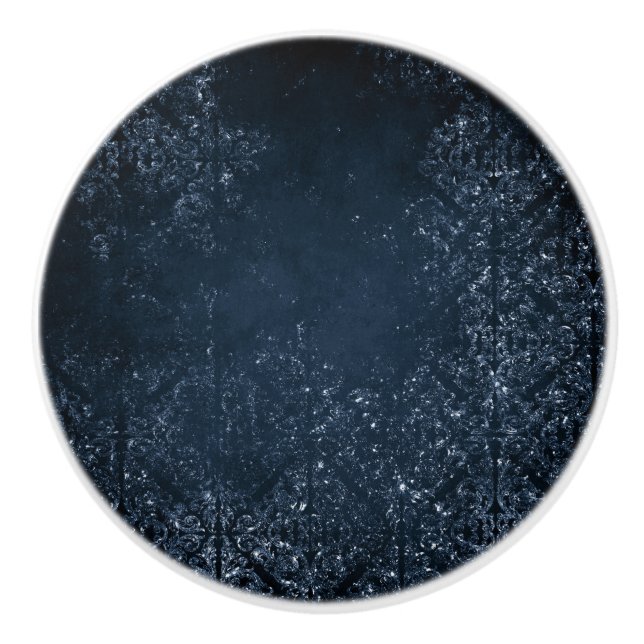 Glimmery Navy Grunge | Dark Sapphire Blue Damask Ceramic Knob (Front)