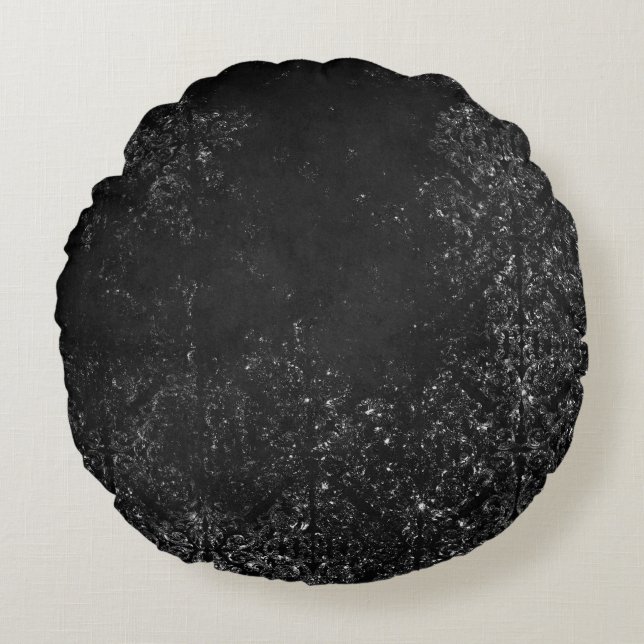 Glimmery Onyx Grunge | Silvery Black Glam Damask Round Pillow (Front)