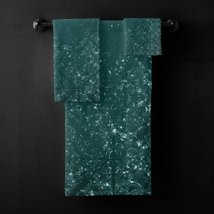 Glimmery Teal Grunge   Rich Dark Green Glam Damask Bath Towel Set