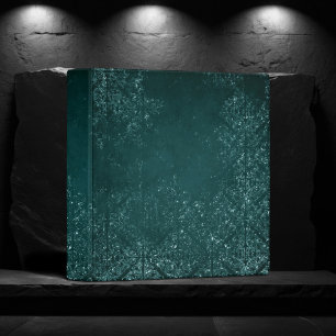 Glimmery Teal Grunge   Rich Dark Green Glam Damask Binder