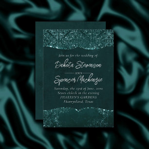 Glimmery Teal Grunge   Rich Dark Green Glam Damask Invitation