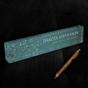 Glimmery Teal Grunge Rich Dark Green Glam Damask Nameplate