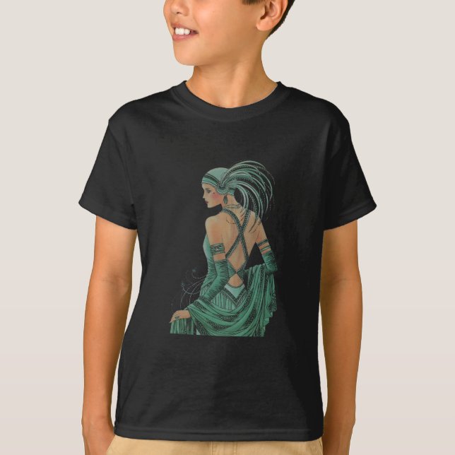Glimpse of Elegance: Green Backless Dress Design T-Shirt (Front)