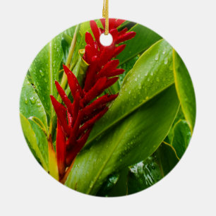 Glistening Red Ginger Flower and Rain-Kissed Leave Ceramic Ornament
