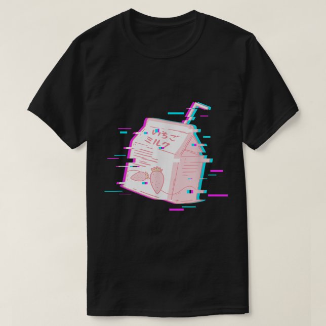 Glitch Strawberry Milk Aesthetic Art T-Shirt (Design Front)