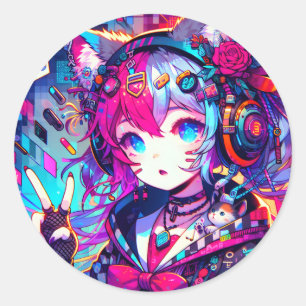 Glitchcore Colourful Anime Artwork Classic Round Sticker