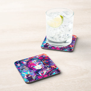 Glitchcore Colourful Anime Girl Artwork Coaster