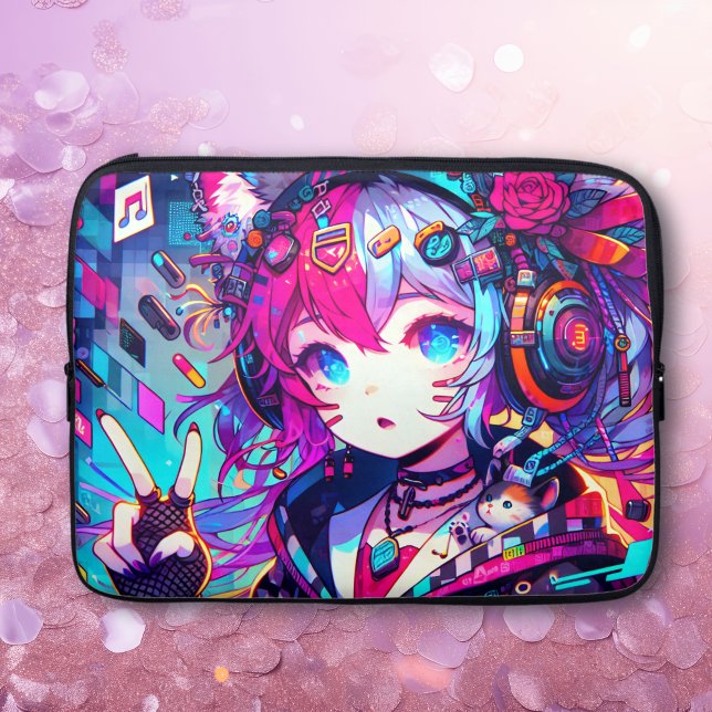 Glitchcore Colourful Anime Girl Artwork  Laptop Sleeve (Creator Uploaded)
