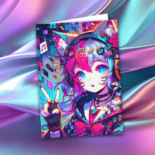 Glitchcore Colourful Anime Girl Birthday Card