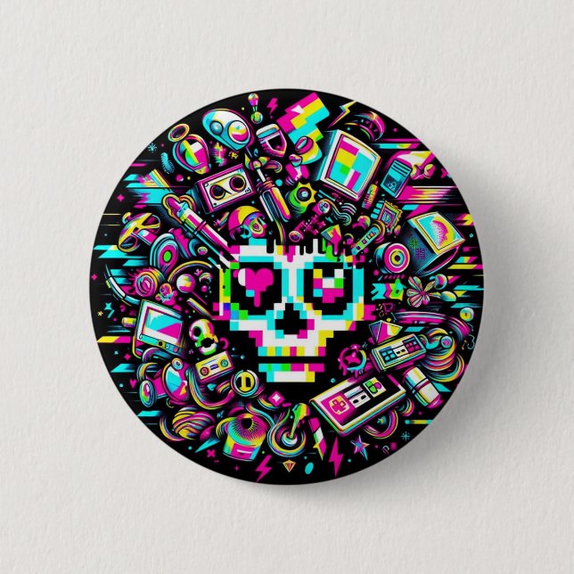Glitched Out Skull - Heart Eye 2 Inch Round Button (Front)