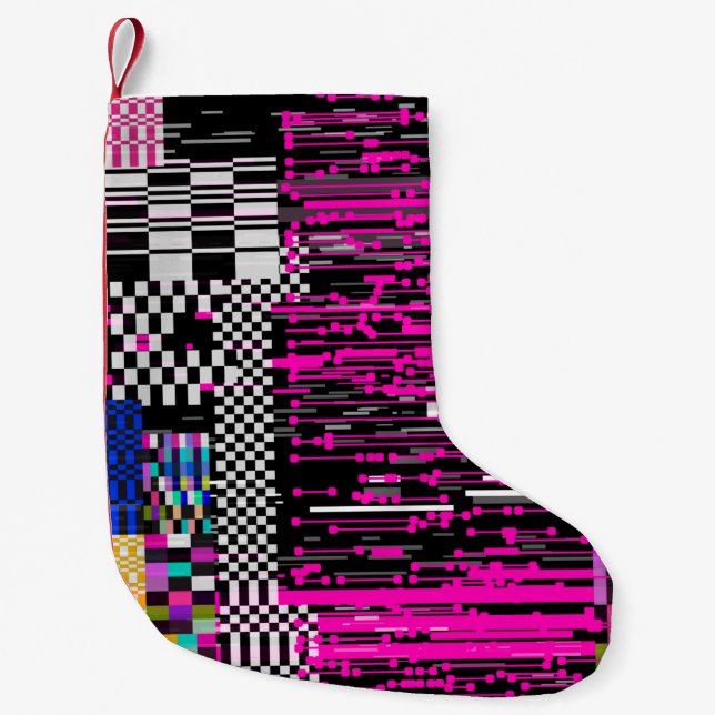 Glitched retro VHS screen with flickers and broken Small Christmas Stocking (Front)