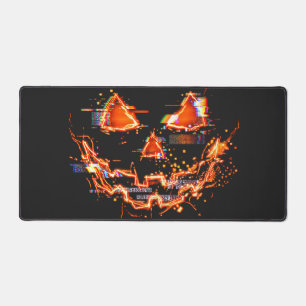 Glitchy Neon Jack O Lantern Cyberpunk Halloween Desk Mat