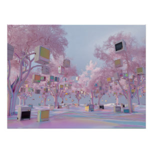 Glitchy Pink Sakura Park with Floating Windows Poster