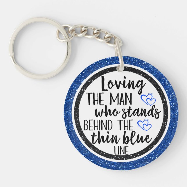 Glitter Acrylic Love Thin Blue Line Police Keychai Keychain (Front)