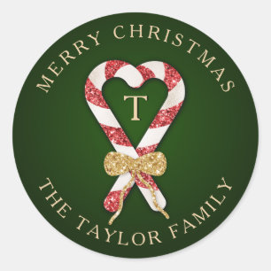 Glitter Add Name Monogram Merry Christmas Classic Round Sticker