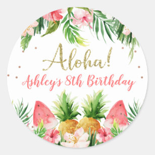 Glitter Aloha Tropical Floral And Fruit Birthday  Classic Round Sticker