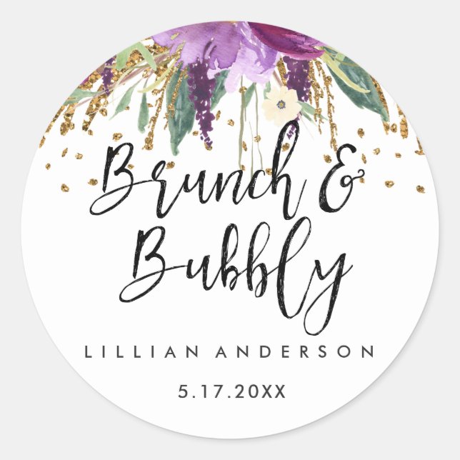 Glitter Amethyst Brunch and Bubbly Bridal Shower Classic Round Sticker (Front)