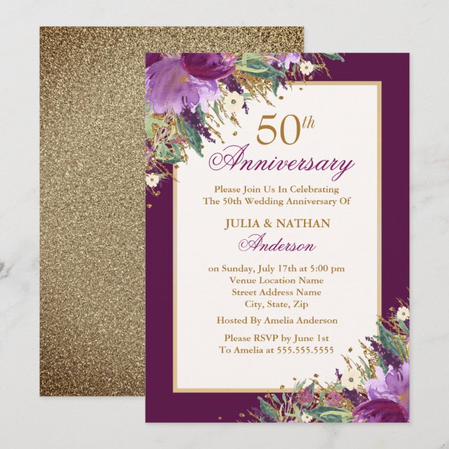 Glitter Amethyst Purple Floral 50th Anniversary Invitation (Front/Back)