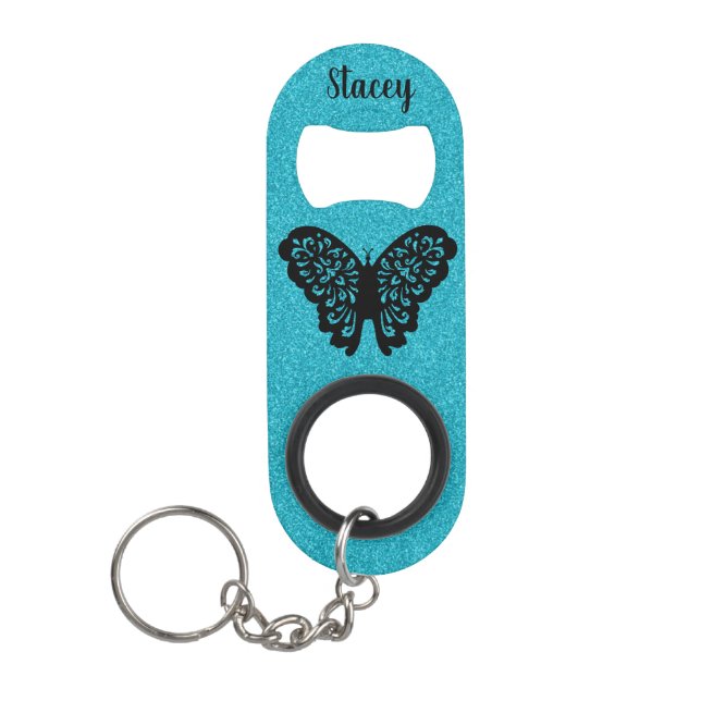 Glitter and Butterfly Keychain Bottle Opener (Front)