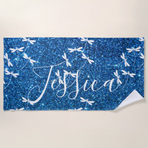 Glitter and dragonflies personalized beach towel