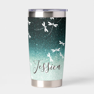 Glitter and dragonflies personalized insulated tumbler