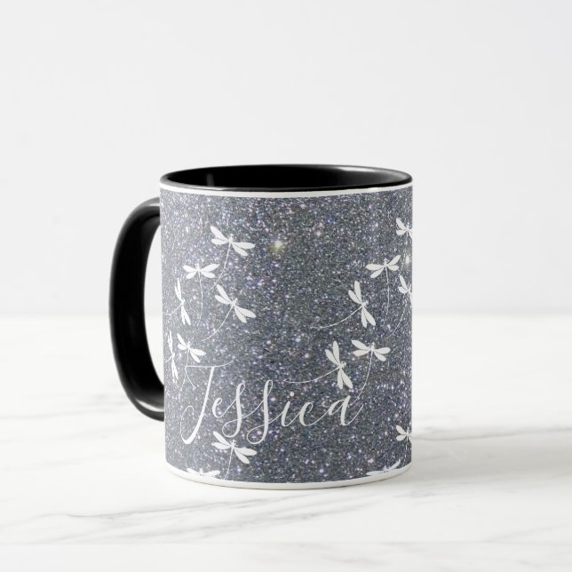 Glitter and dragonflies personalized mug (Front Left)