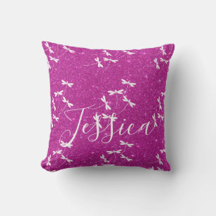 Glitter and dragonflies personalized throw pillow