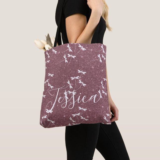 Glitter and dragonflies personalized  tote bag (Close Up)