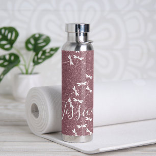 Glitter and dragonflies personalized water bottle