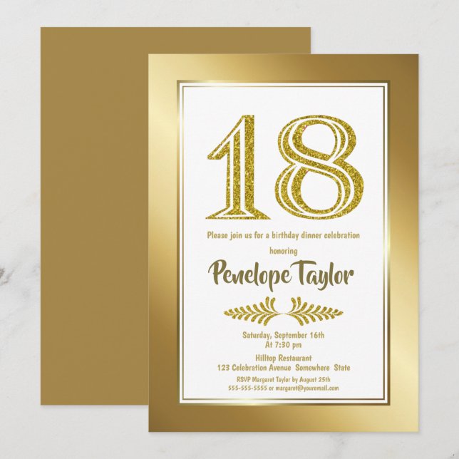 Glitter and Gold 18th Birthday Dinner Party Invitation (Front/Back)