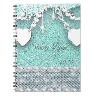 Glitter and Hearts Bling Monogram Name 2024 Notebook