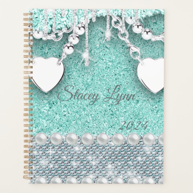 Glitter and Hearts Bling Monogram Name 2024 Planner (Front)