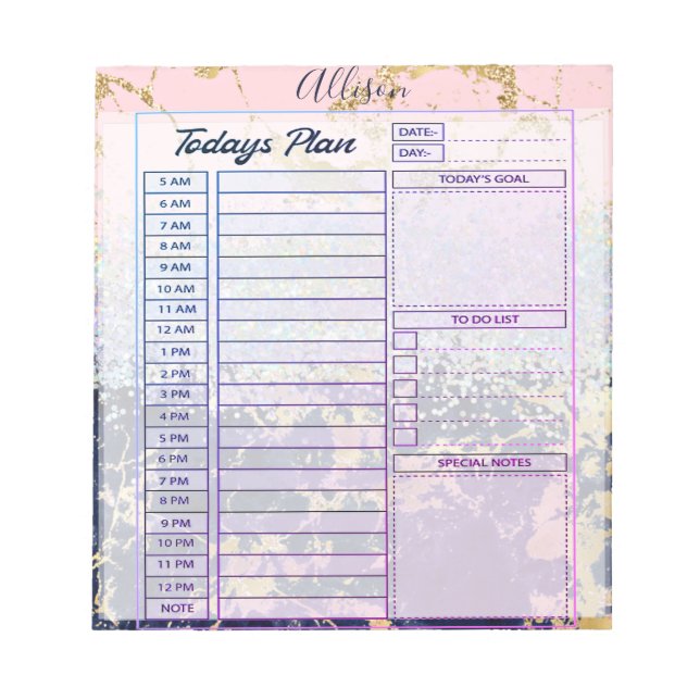 Glitter and marble personalized day planner notepad (Front)