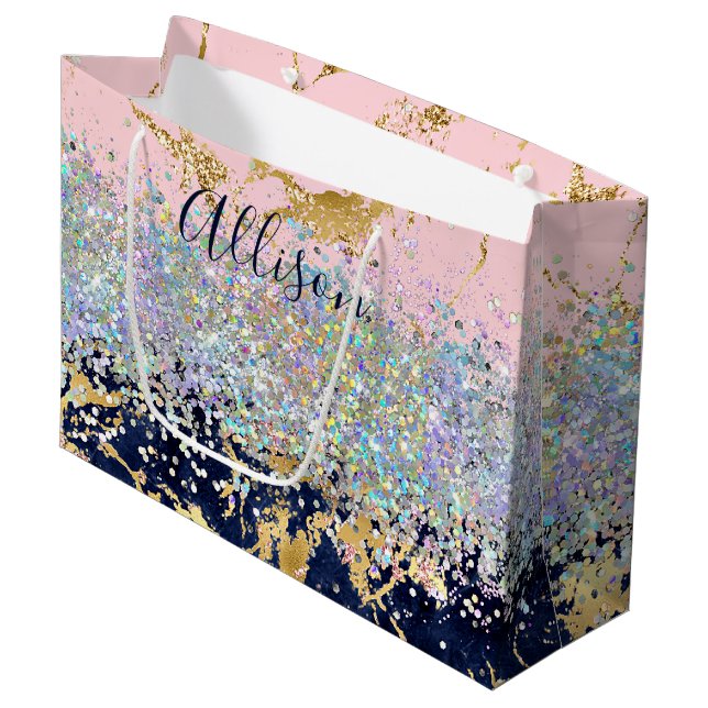 Glitter and marble personalized  large gift bag (Front Angled)