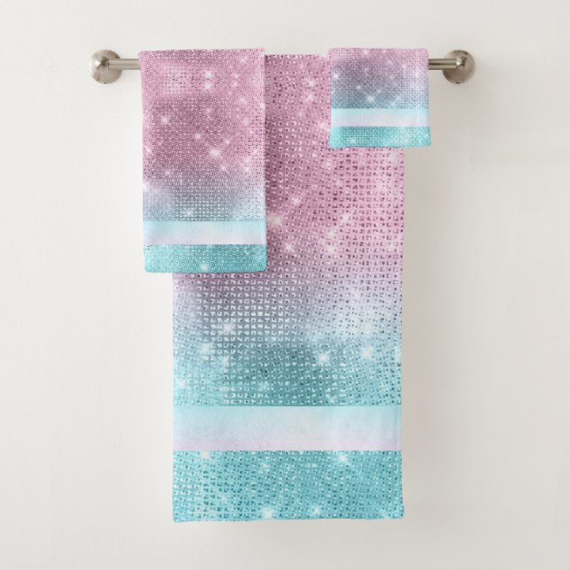 Glitter and Shine Pattern Pink/Teal ID671 Bath Towel Set (Insitu)